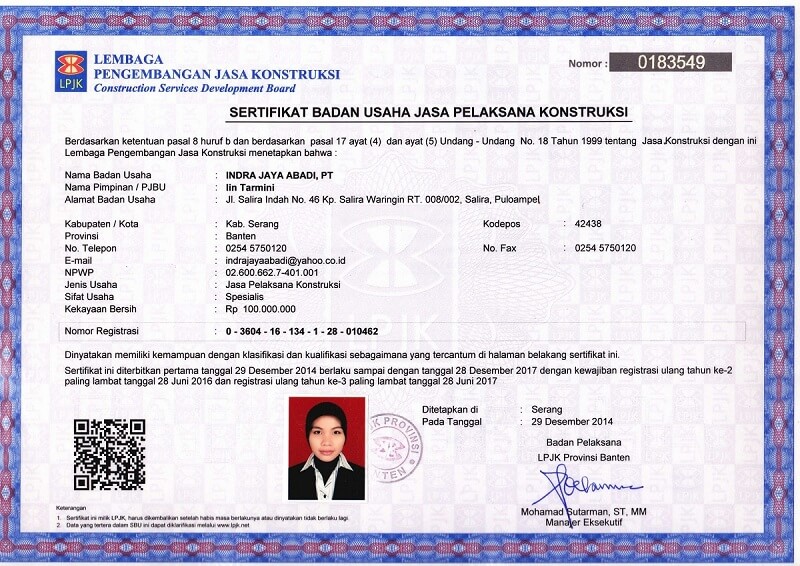 Sertifikat Badan Usaha Jasa Pelaksana Konstruksi