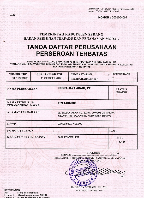 Tanda Daftar Perusahaan Perseroan Terbatas